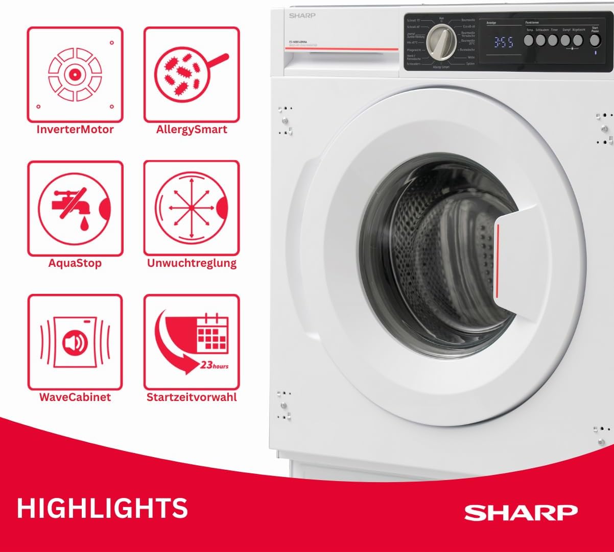 Sharp ES-NIB814BWNA-DE Einbau-Waschmaschine, A (A bis G), 8 kg, 1400 U/min., Advanced Inverter Motor, Dampf, 15 Programme inkl. 15 Min. Kurzprogramm, AquaStop, Weiß