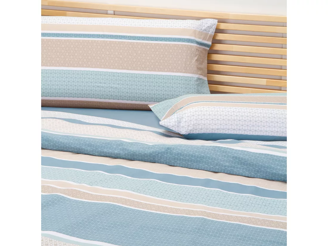 Jeu de housse de couette 50% coton imprimé rayures Bleu