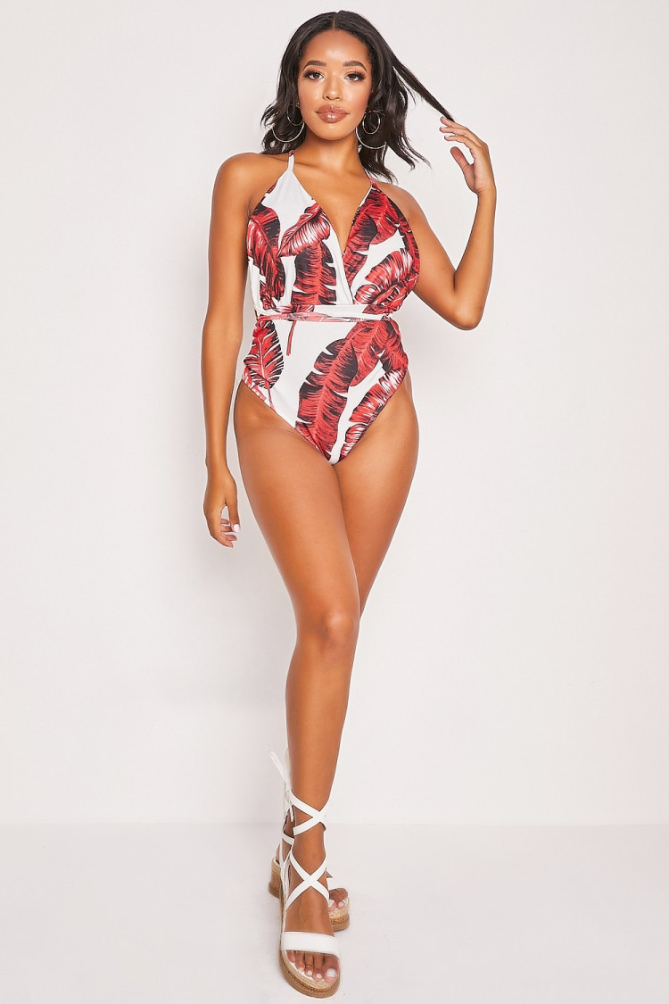Maillot de bain 1 pièce blanc/rouge