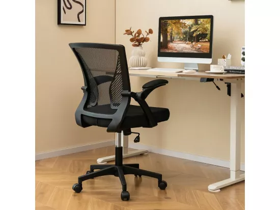 Chaises de Bureau Ergonomique, Chaises de Conférence Pivotante Réglable en Maille avec Accoudoirs Rabattables, Dossier à Bascule à 30°, Noir