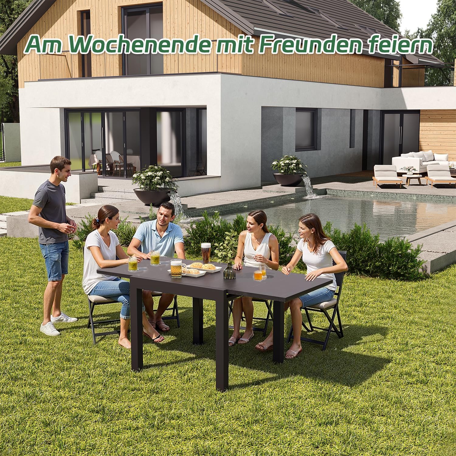 JUMMICO Aluminium Ausziehbarer Gartentisch, 80-160 cm erweiterbar, wetterfest, bis 160 cm verlängerbar, Gartentisch für Balkon, Terrasse, Garten - Grau