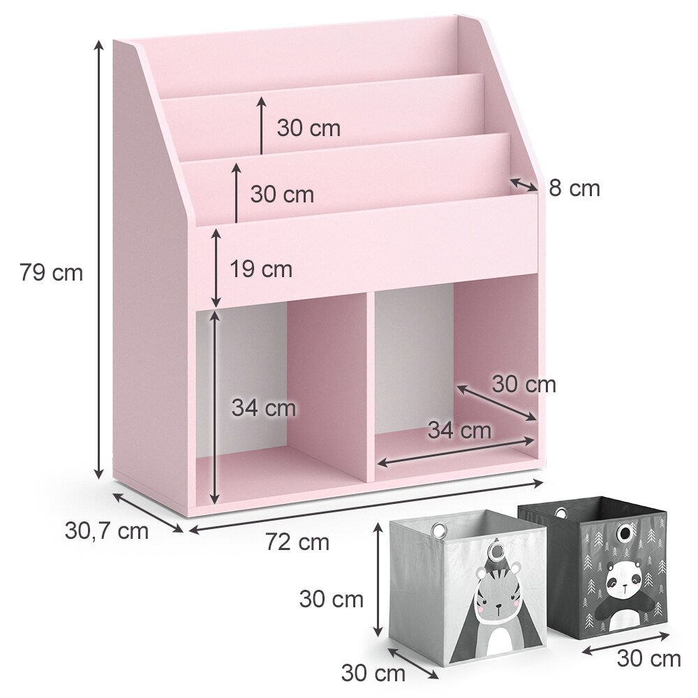 Vicco Kinderbücherregal Luigi 72 x 79 cm, Rosa, Kinderzimmerregal, mit Faltboxen