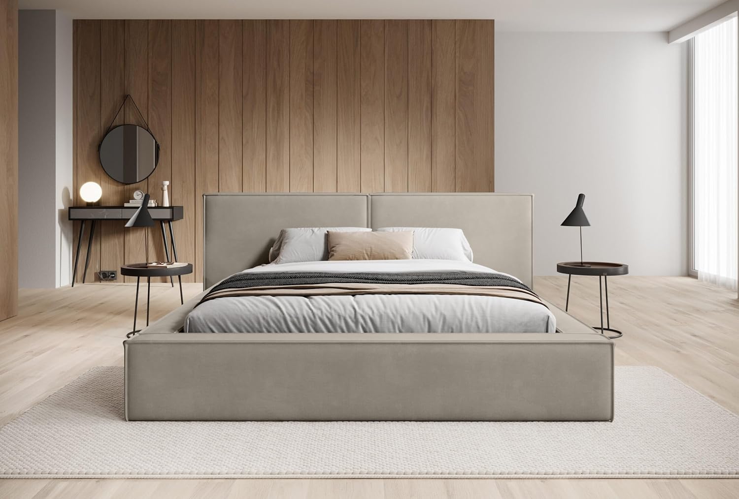 FEDVE Bett 160x200 Hellbeige - Lopra - Polsterbett 160x200 mit Bettkasten - Doppelbett 160x200 mit Bettkasten - Bett mit Stauraum - Schlafzimmer Bett mit Bettkasten 160x200