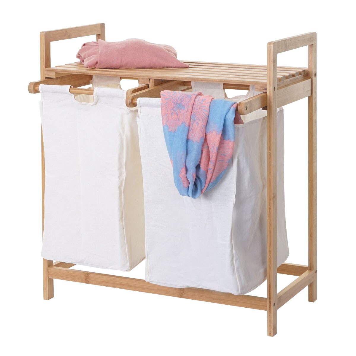 Wäschesammler MCW-B83, Laundry Wäschesortierer Wäschekorb Wäschebehälter, Bambus 2 Fächer 74x64x33cm 70l ~ weiß