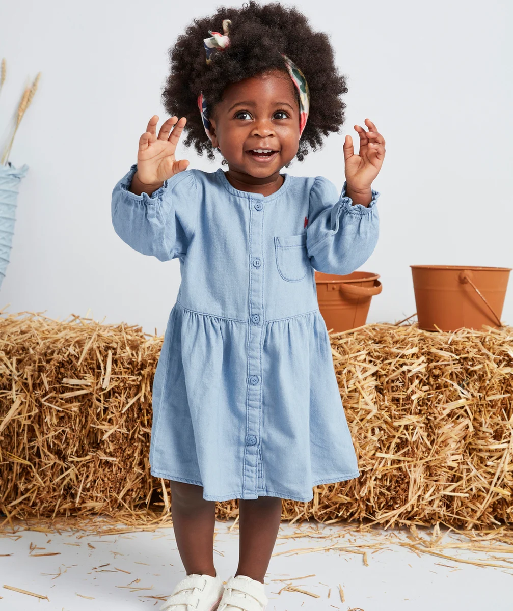 ROBE BÉBÉ FILLE EN COTON BLEU EFFET DENIM LESS WATER