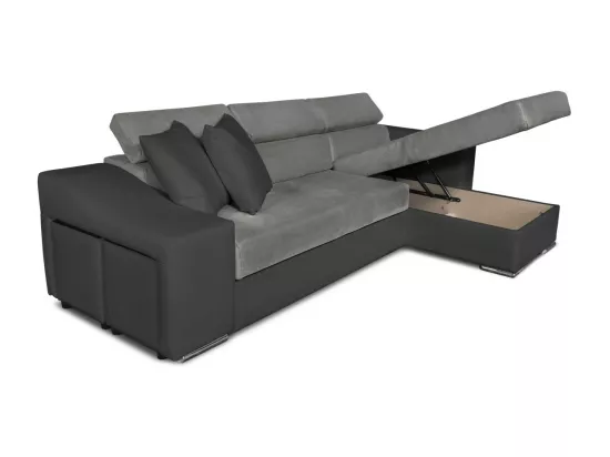 Canapé d'angle Elona convertible bi-matière Gris avec poufs de rangement à gauche - L264 x P162 x H75cm - Loungitude