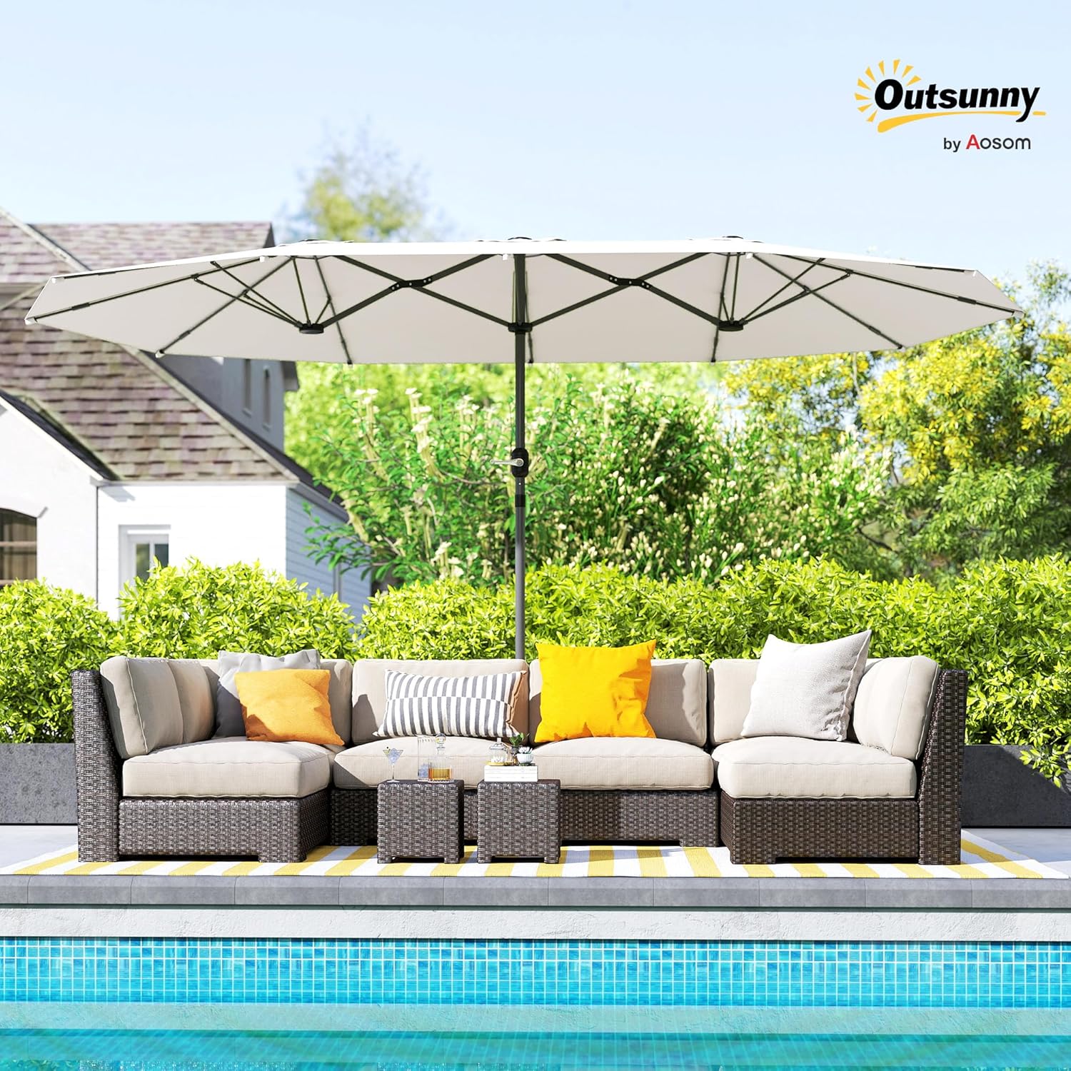 Outsunny Doppelsonnenschirm 436 x 260 cm, UV Schutz Stahl Sonnenschirm mit Handkurbel, oval Balkonschirm Strandschirm windfest stabil Marktschirm Kurbelschirm für Strand Balkon Garten