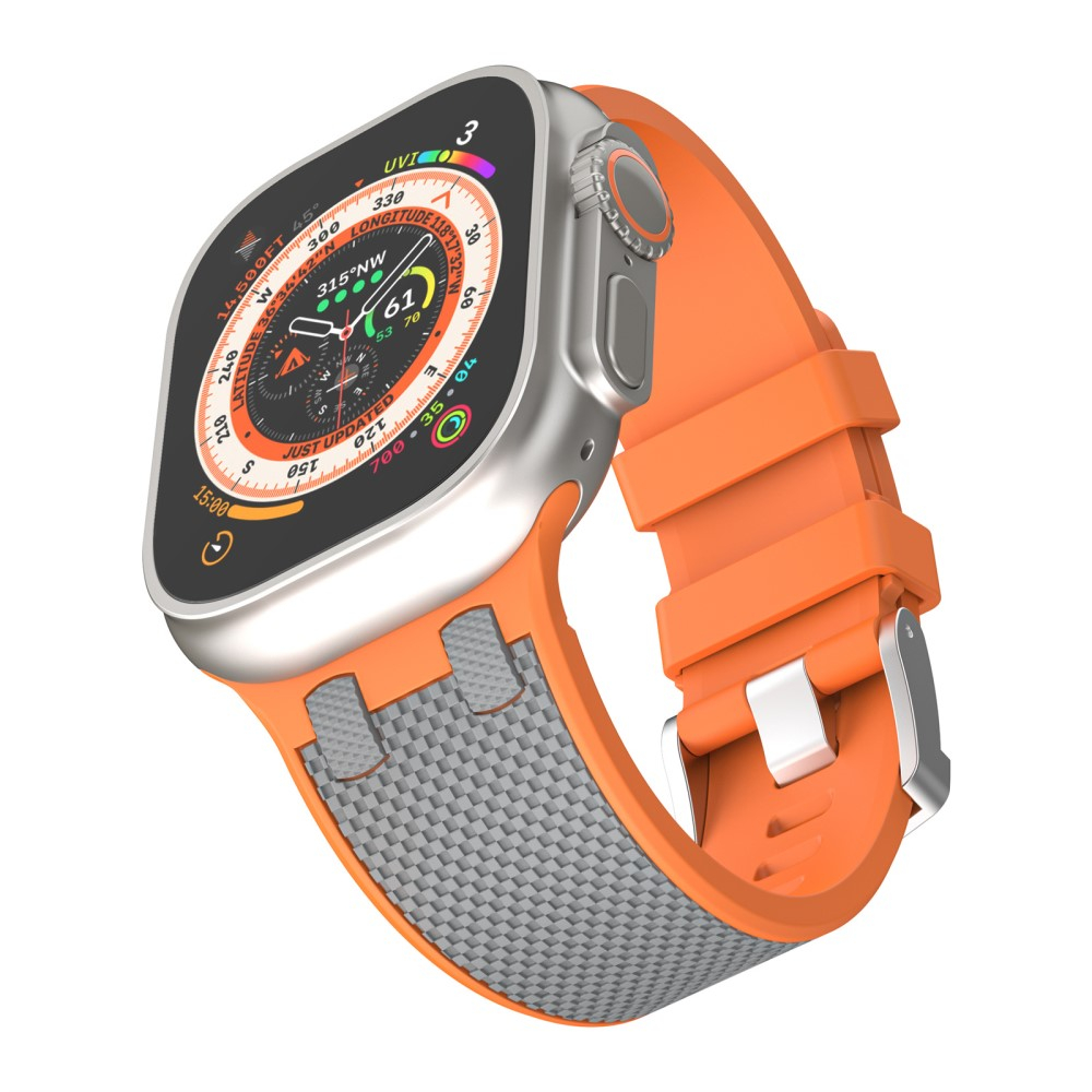 Apple Watch (49/46/45/44 mm) Ersatz Silikon Sport Armband mit Karo Streifen (Gelenkumfang: 180-230mm) - Grau / Orange