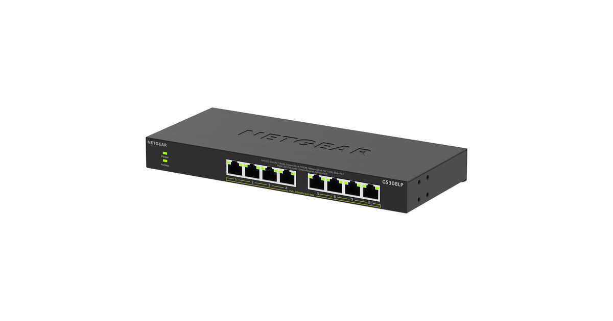 Netgear8-poorts Gigabit Ethernet unmanaged PoE+ Essentials switch (GS308LP)  (Zwart, 60 Watt PoE)