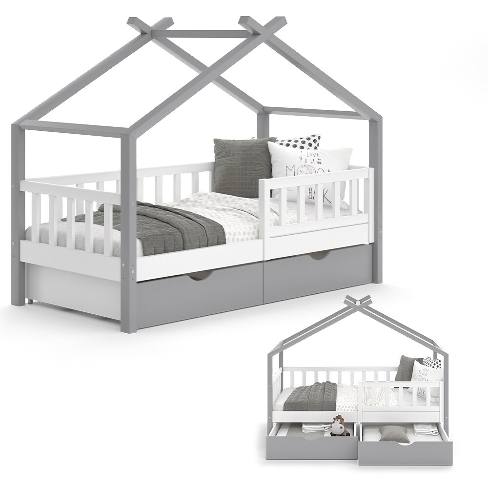 VitaliSpa Kinderbett Hausbett Einzelbett Design Weiß Grau modern 80x160 cm Kinderzimmer Bett Massivholz Lattenrost Schublade Rausfallschutz Schubladenbett