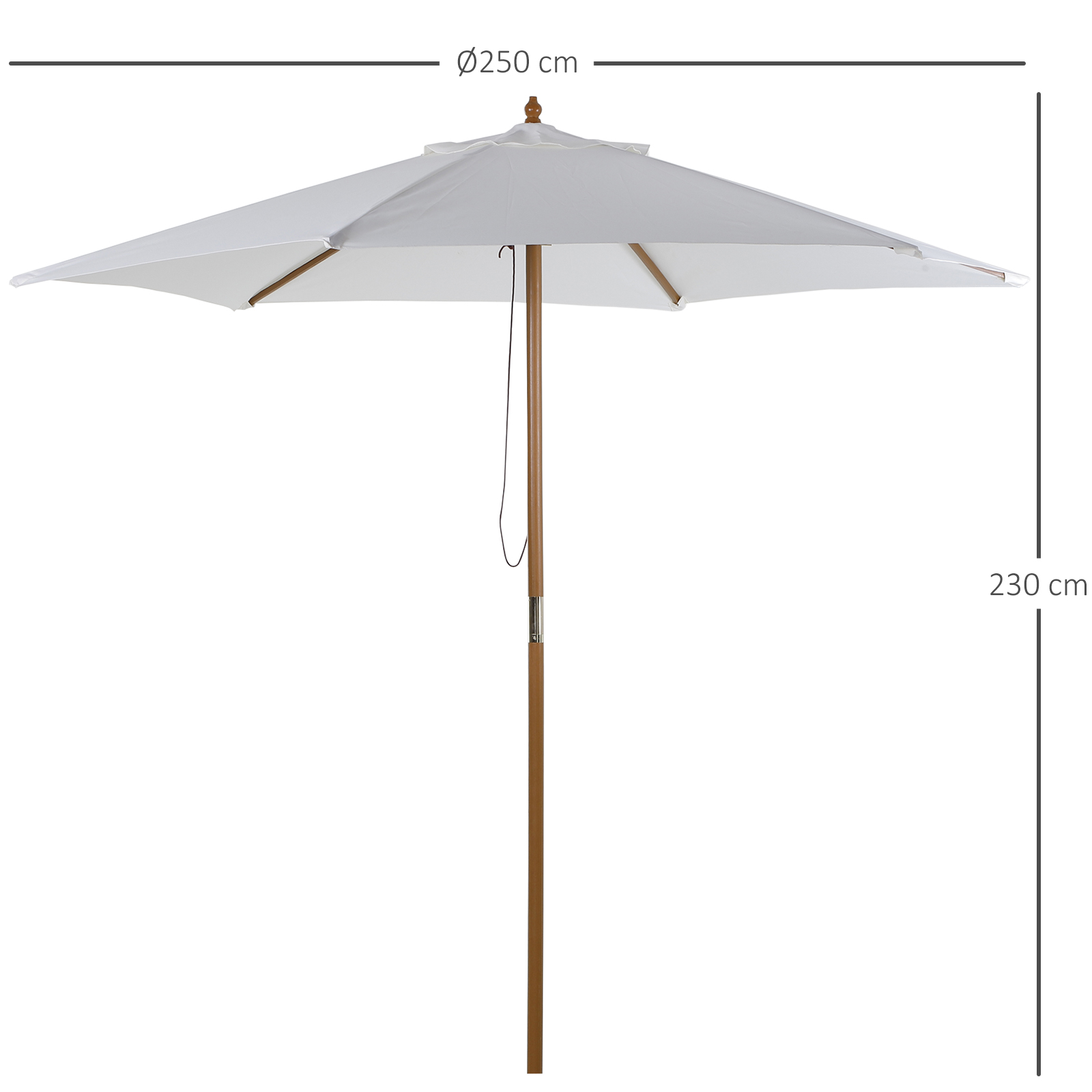 Guarda-sol de madeira Outsunny Ø250x230cm para uso externo com 6 varetas, sistema de corda com fixação removível, portátil, fácil de guardar e transportar, branco