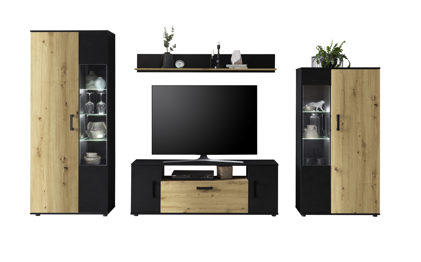4-teilige Wohnwand DUO VA - Artisan Eiche - Schwarz - 340 cm
