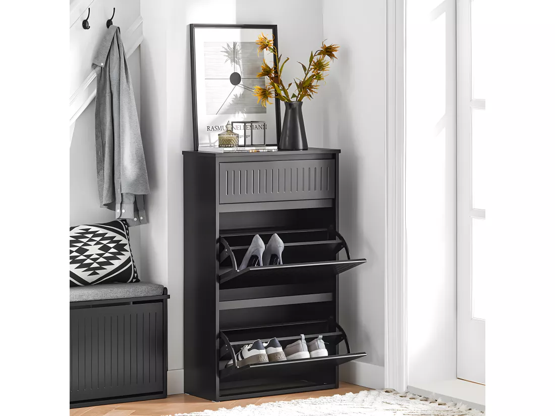 SoBuy Meuble à Chaussures Meuble d'entrée Meuble de Rangement à Chaussures avec 2 Abattants 1 Tiroir Séparateur Réglable pour Petite Entrée Couloir Noir LPH 61x26x101 cm FSR165-SCH