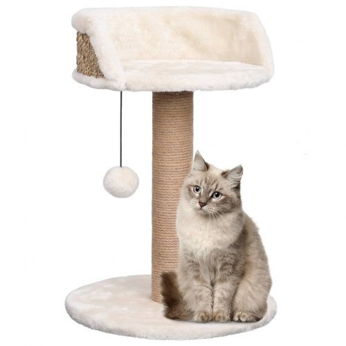 Arranhador bege para gatos com brinquedo e plataforma.