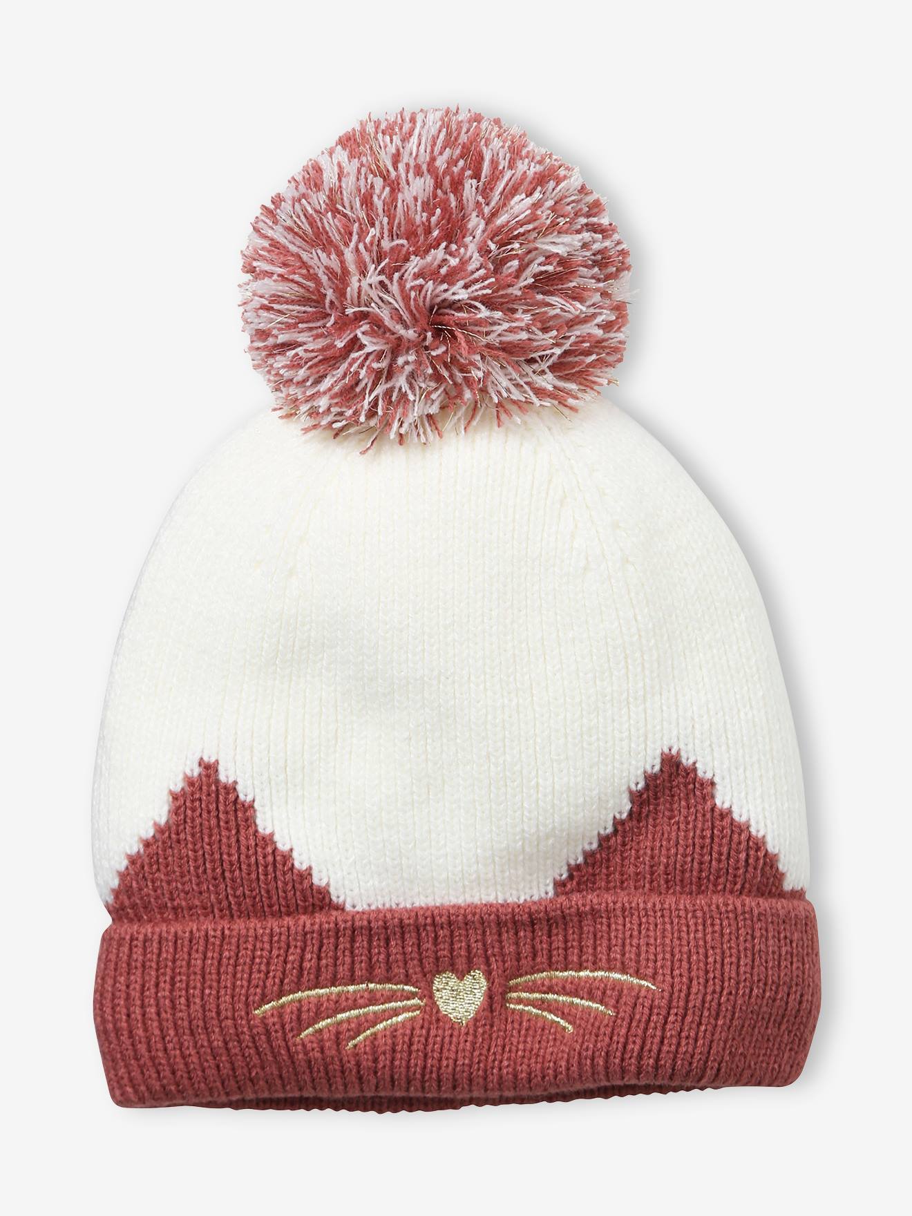 Gorro liso rosa escuro de malha canelada com bordado de gato e outros motivos.