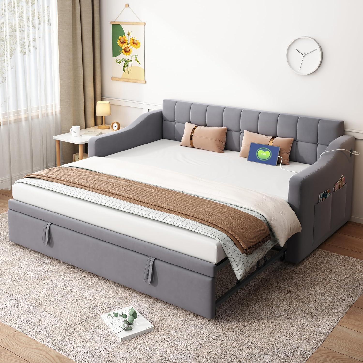 Polsterbett Ausziehbares Schlafsofa 90/180 x 190 cm, Einzelbett mit USB Type-C Ladefunktion, Daybett Gästebett, Samt, ohne Matratze, Grau