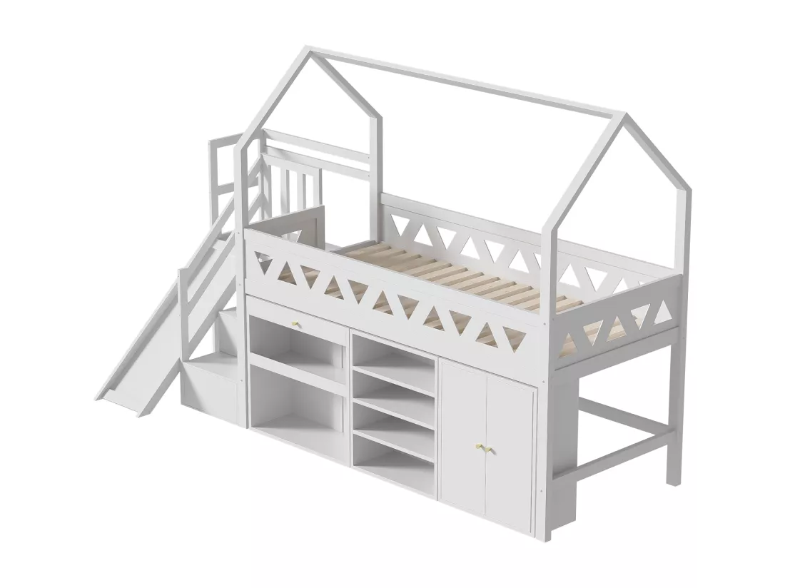 Lit cabane 90x200cm - tiroir 6 niches et casier - avec toboggan et escaliers de porte magnétique - bois massif - Blanc