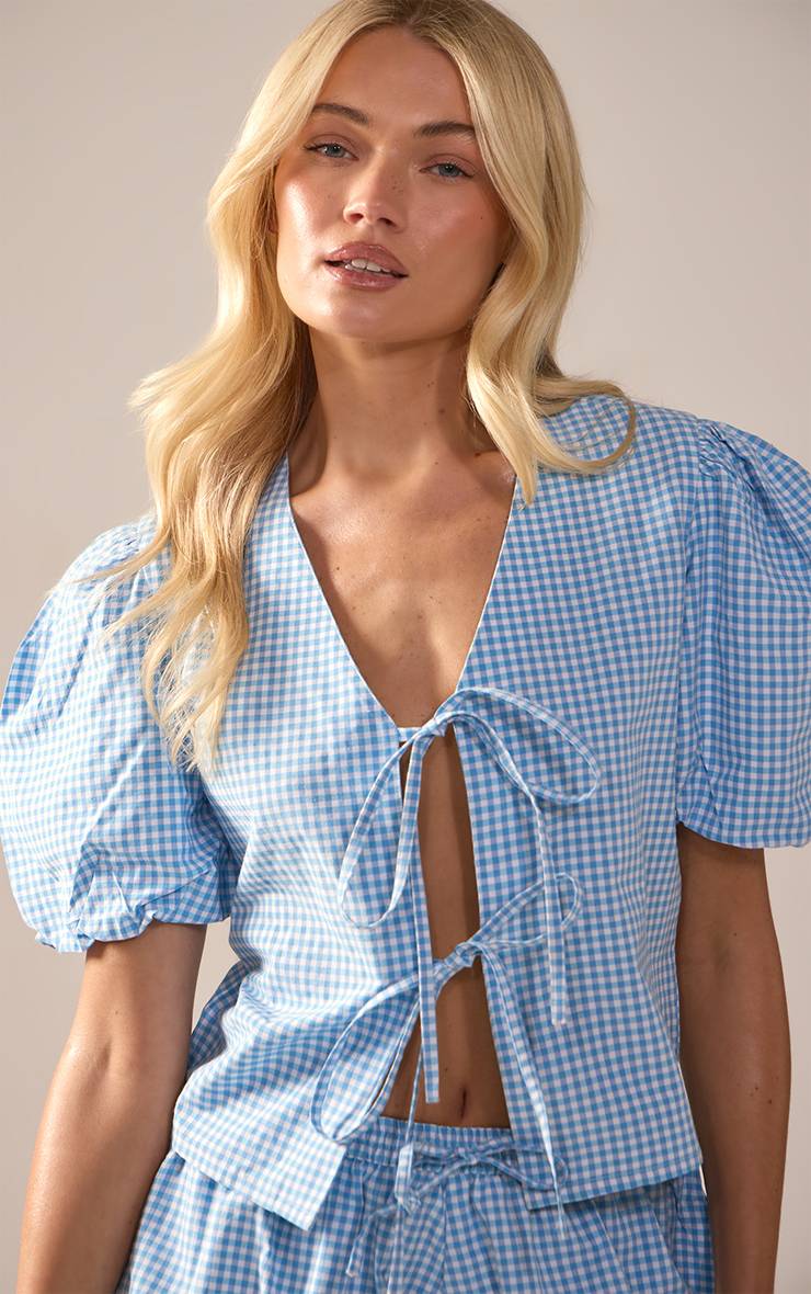 Blue Gingham Ensemble Coordonné Blouse À Manches Bouffantes Avec Détail Noué