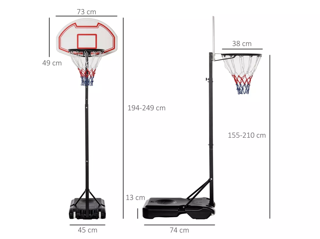 Panier de Basket-Ball sur pied avec poteau panneau, base de lestage sur roulettes hauteur réglable 1,9 - 2,5 m noir blanc