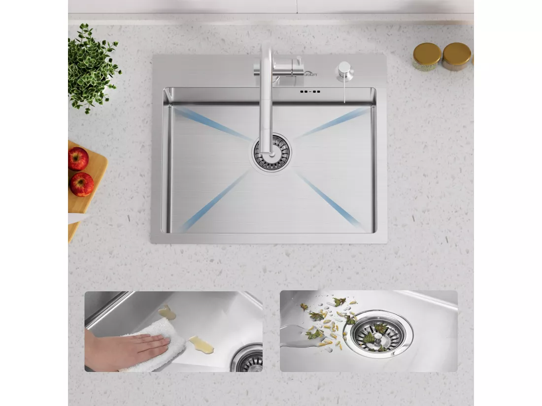 Évier Cuisine 1 Bac 55x45CM Évier à encastrer avec Distributeur Savon,Siphon/Trop-Plein Évier Inox Brossé pour Table à partir de 60 cm,EU Modèle