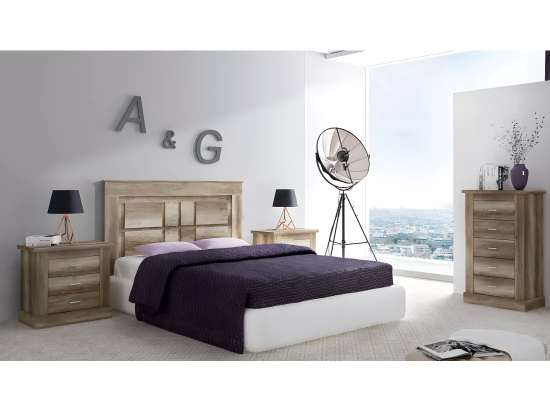 Ensemble de tête de lit avec pieds + 2 tables de chevet + chiffonnier coloris chêne vieilli