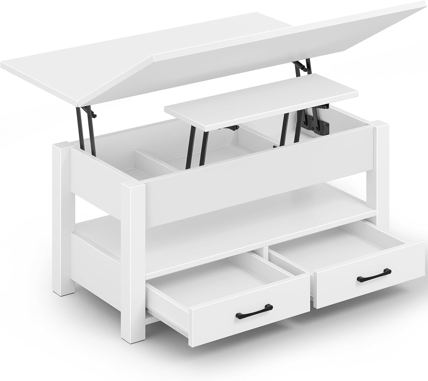 Rolanstar Couchtisch Höhenverstellbar, Wohnzimmertisch mit Schublade & verstecktem Fach, Kaffeetisch umwandelbar in Esstisch, 100 x 50 cm Sofatisch aus Holz, Weiß