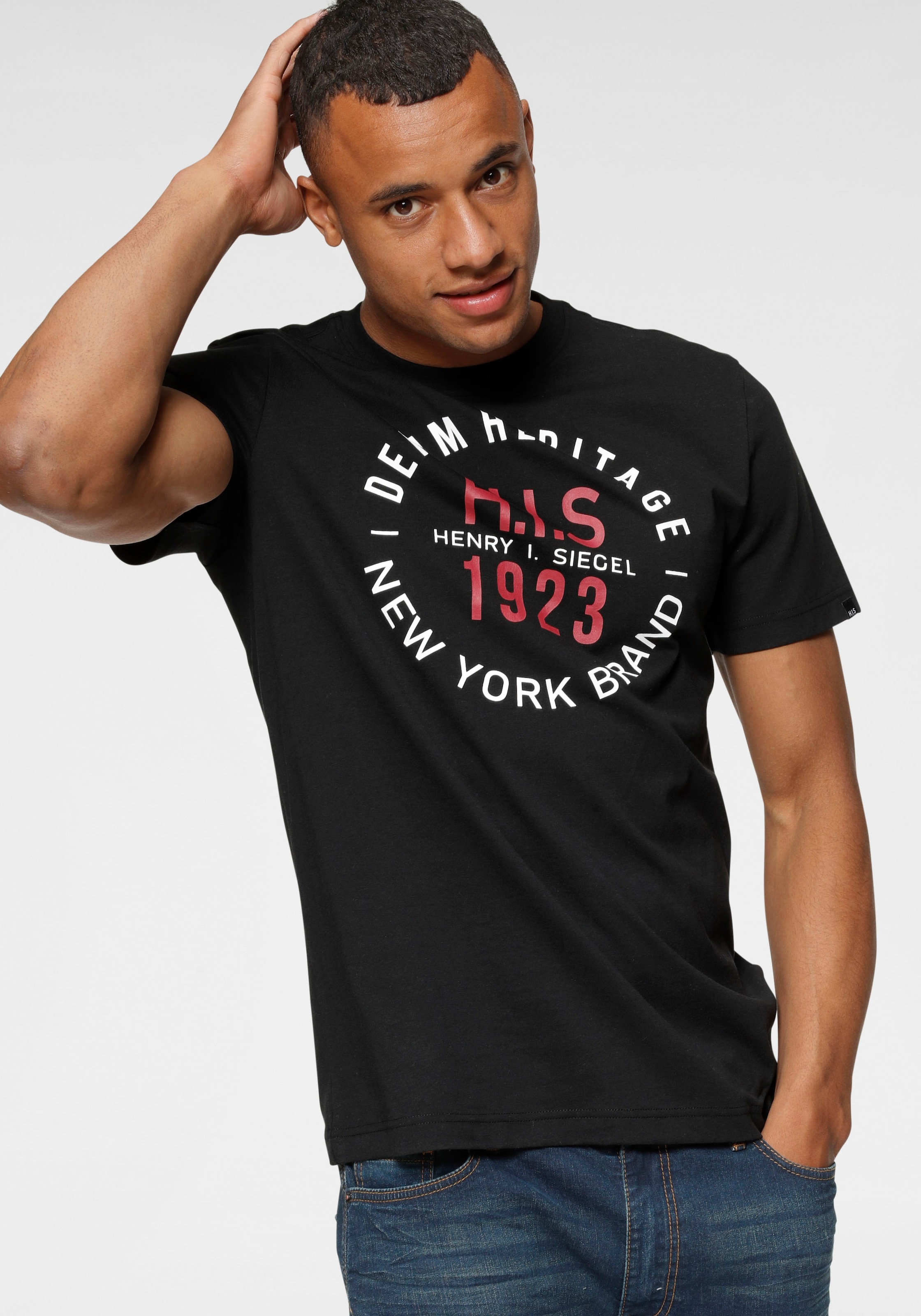 H.I.S Rundhalsshirt , Kurzarm,  schmale Passform,  mit Print,  Rundhals,  aus Baumwolle