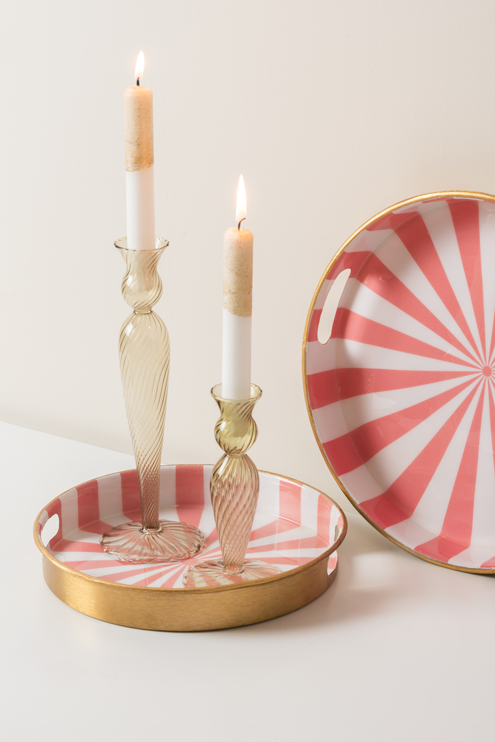 Tray set Candy Swirl enamel flamingo pink & white, Set of 2pcs