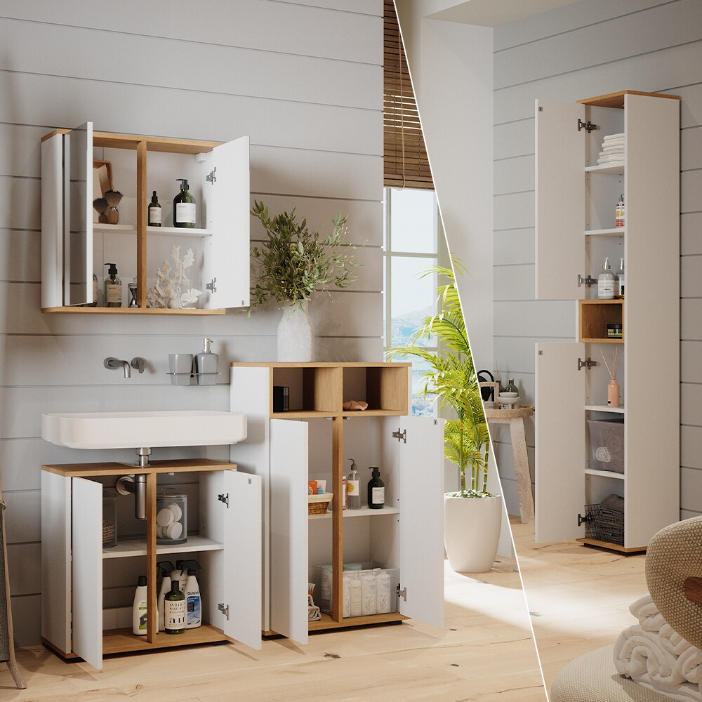 Vicco Badmöbel-Set Didi Weiß Eiche 4 Teile Hochschrank Midischrank mit 2 Türen
