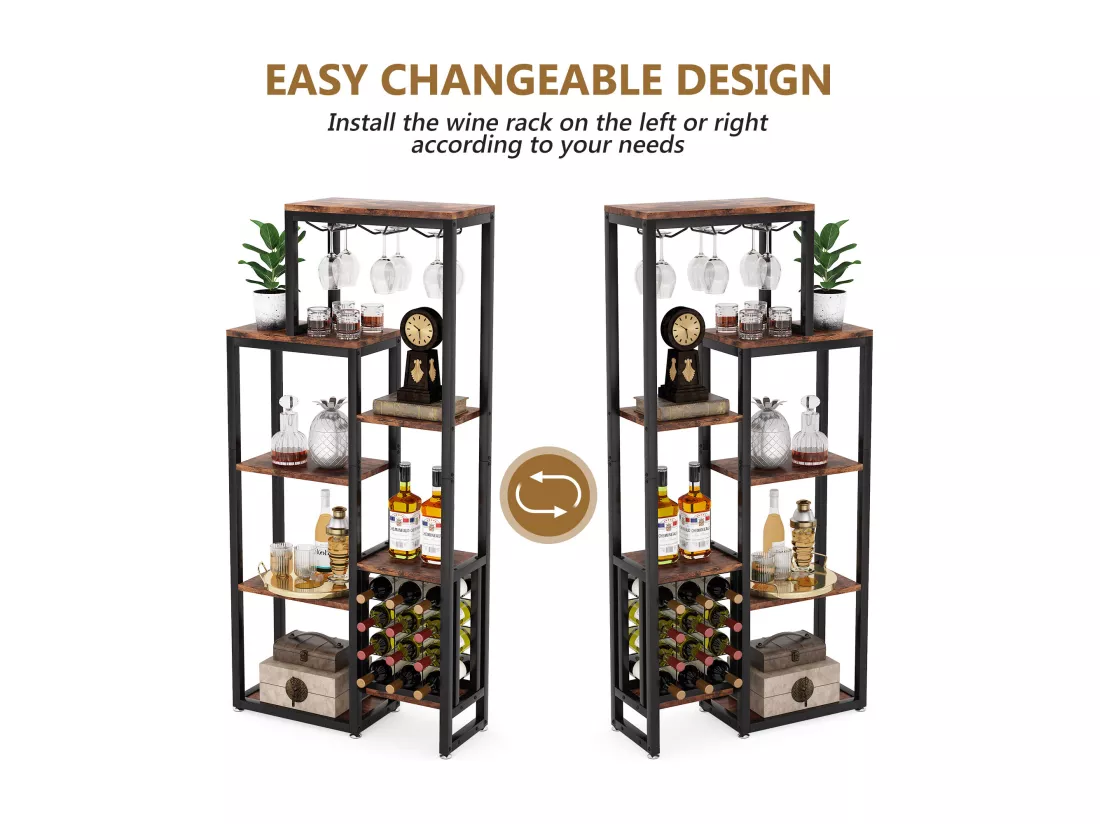Étagère à vin Autonome à 5 étages avec Support en Verre et Rangement de vin, étagère Industrielle pour Bar, Cuisine, Salle à Manger (Marron)