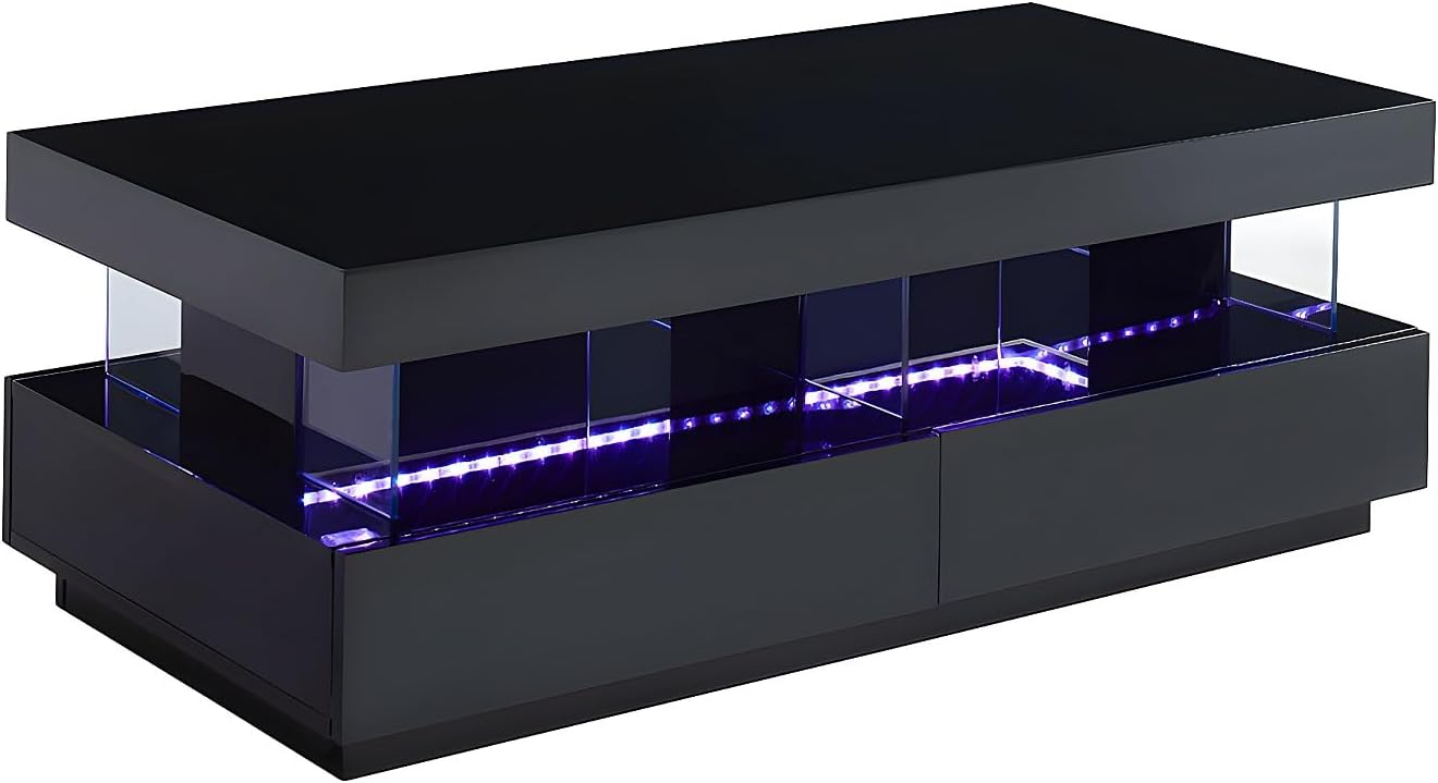 Vente-unique-Couchtisch mit 2 Schubladen + 2 Ablagen + LEDs - MDF lackiert - Schwarz - Fabio