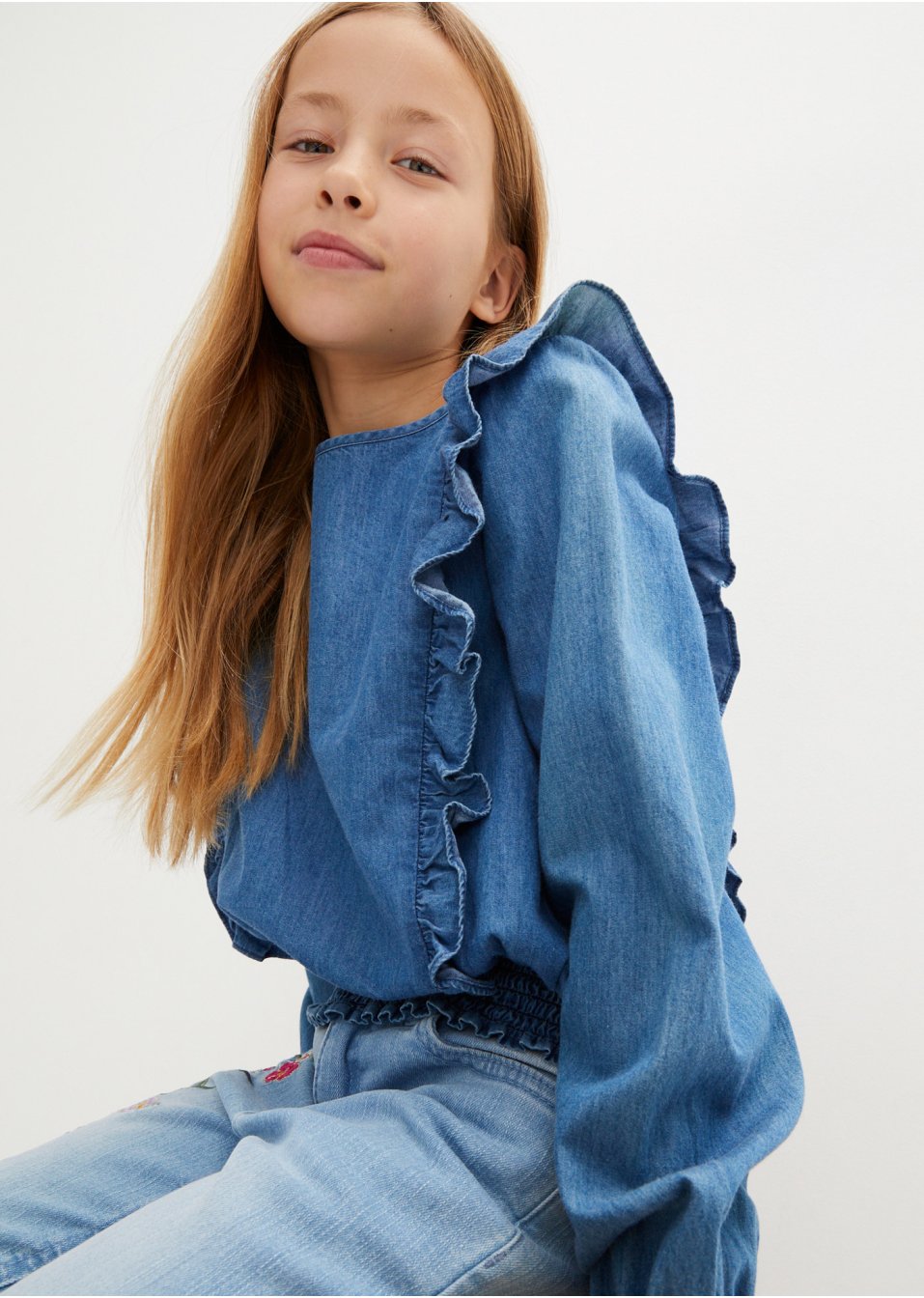 Blouse en jean fille avec ruchés