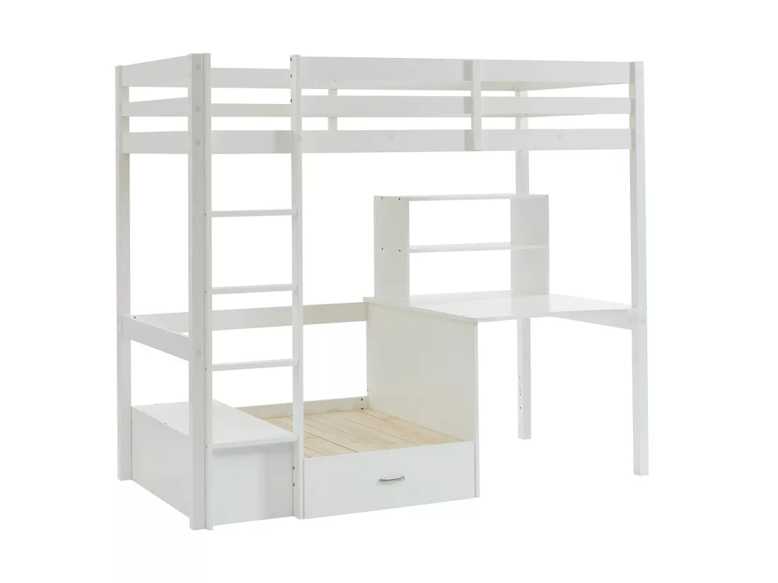 Lit mezzanine 90 x 200 cm avec bureau, sofa convertible et rangements - Pin massif - Blanchi + Matelas - GOLIATH III