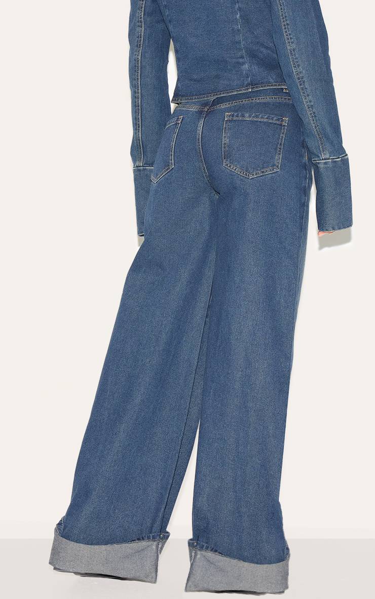 Bleu Indigo Foncé Jean Large Taille Mi-haute À Revers Pour Grande Taille