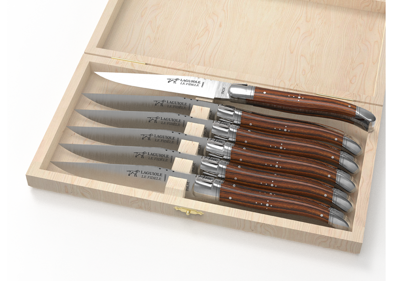 Service de 6 couteaux Laguiole avec un manche en bois de bocote et mitres en acier inoxydable