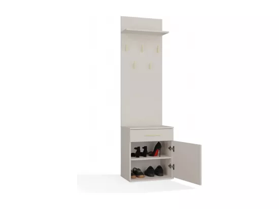 VIONI - Meuble vestiaire d'entrée - Portemanteau mural avec étagère - 5 crochets - Tiroir + meuble de rangement - Beige