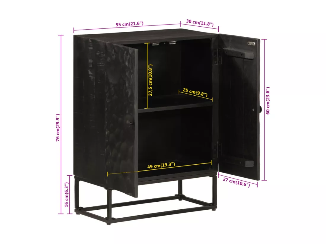 Buffet noir 55x30x76 cm bois massif de manguier et fer