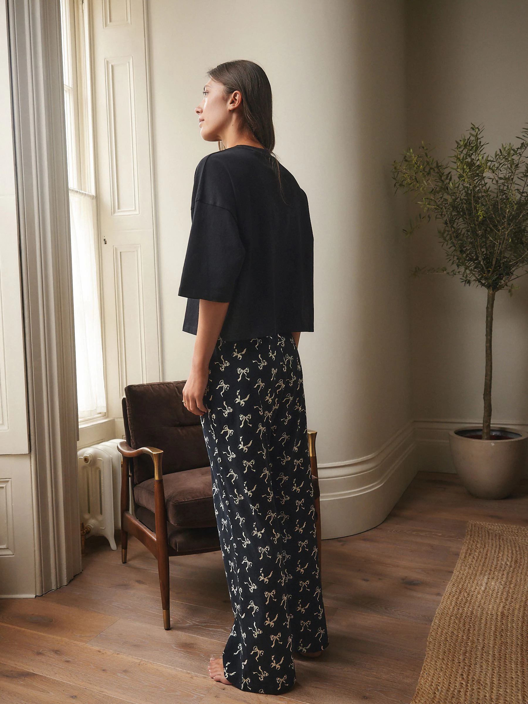 Zwart-witte strik - Katoenen pyjama met korte mouw