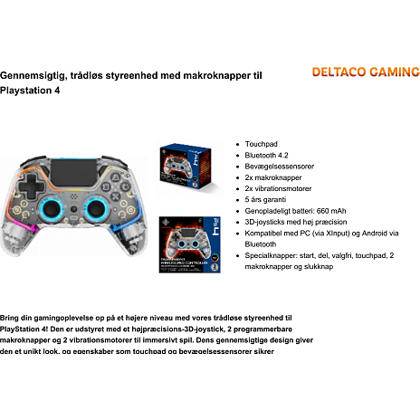 Deltaco PS4 RGB trådløs controller - Transparent