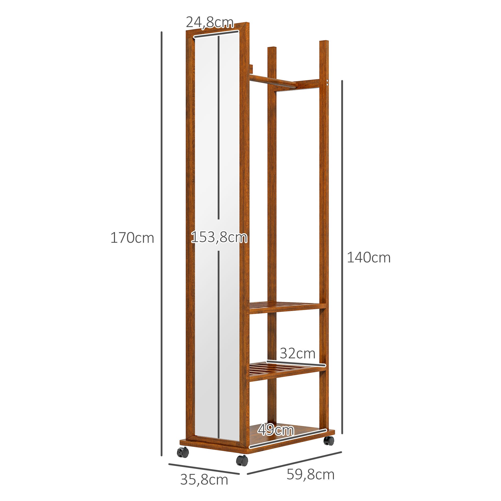 HOMCOM Standspiegel mit Regal und Rollen natur 35,8L x 59,8B x 170H cm