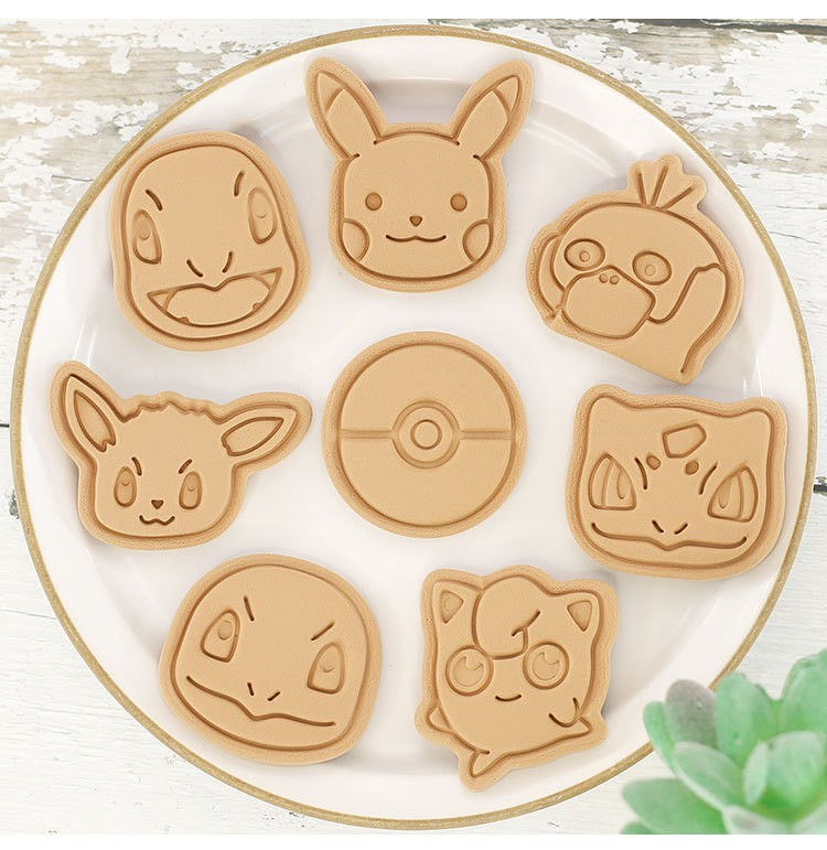 (8er Set) 2in1 Kunststoff Ausstechformen Keksausstecher mit Stempel - Pokémon 2