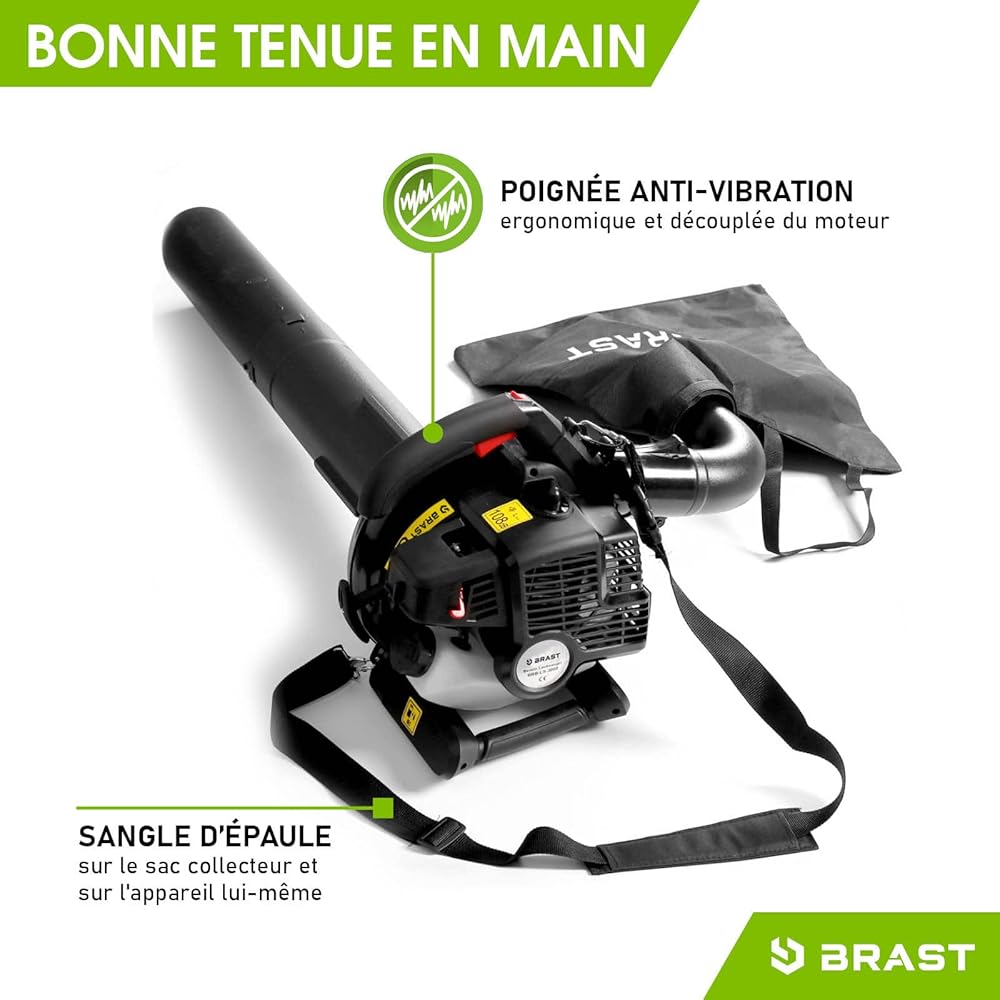 BRAST Souffleur, aspirateur, broyeur therrmique 1000W 30cc vitesse de soufflage 265km/h 1,36cv 9.000 trs/min sac 55l, anti-vibrations, sangle réglable, 4en1 : Jardin