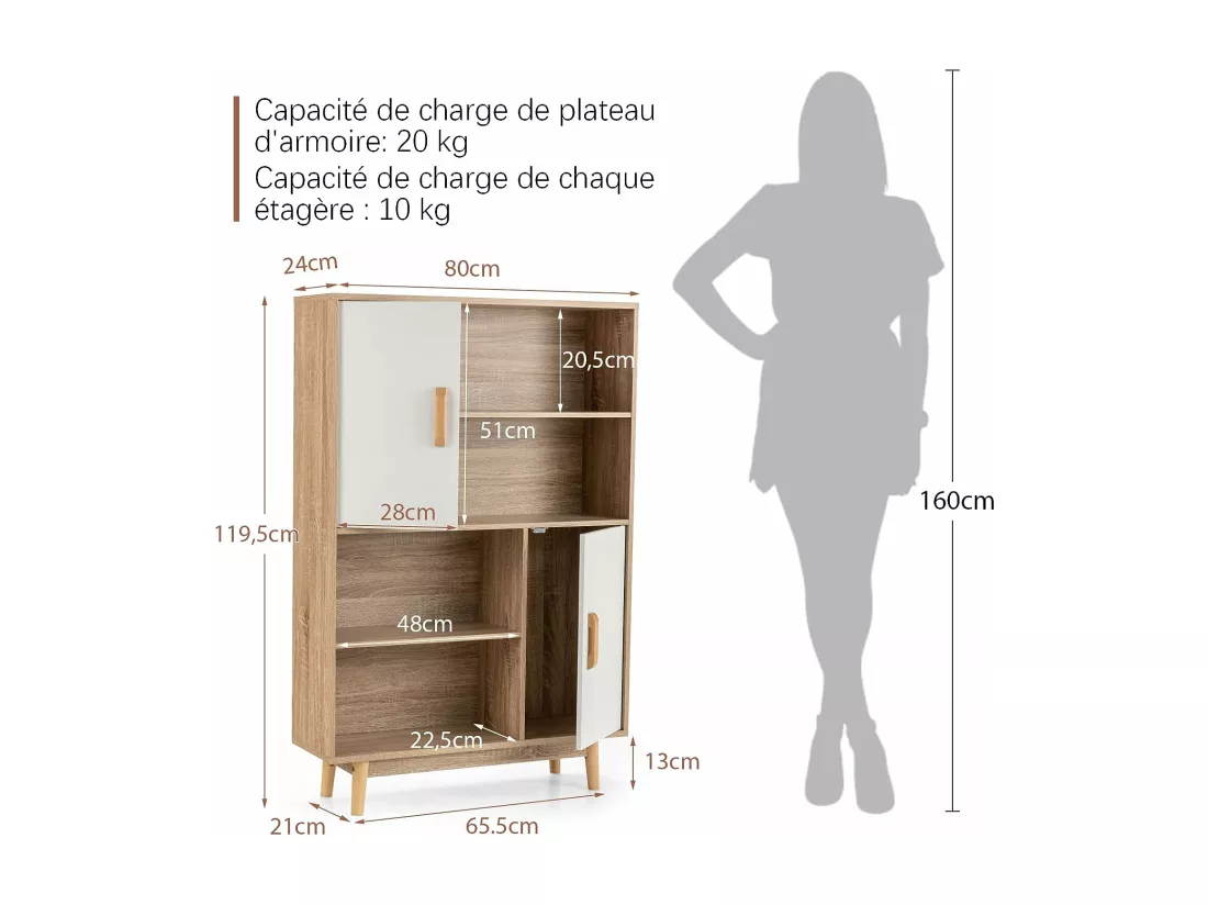Bibliothèque, étagère à 4 niveaux avec 2 portes, meuble de rangement avec patins anti-rayures et dispositif anti-basculement (blanc+naturel)