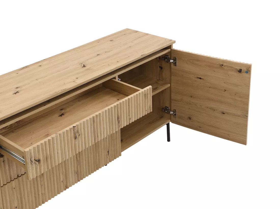 Buffet 2 portes et 3 tiroirs en MDF et métal - Avec LEDs - Naturel et Noir - VIDALEO