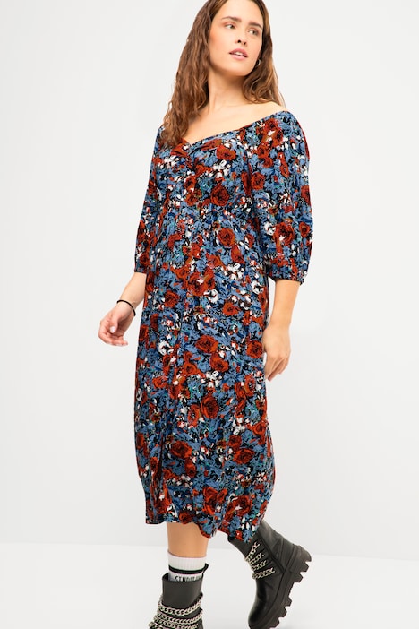 Midikleid, A-Line, Print, herzförmiger Ausschnitt, 3/4-Ärmel