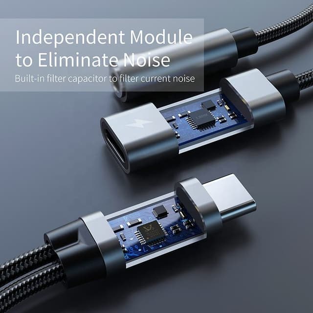 USB-C adapter til 3,5 mm hovedtelefoner og USB-C oplader Sort