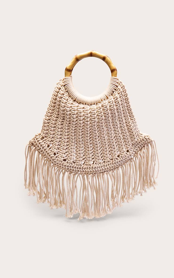 Crème Sac À Main En Macramé À Pompon Avec Poignée En Bois