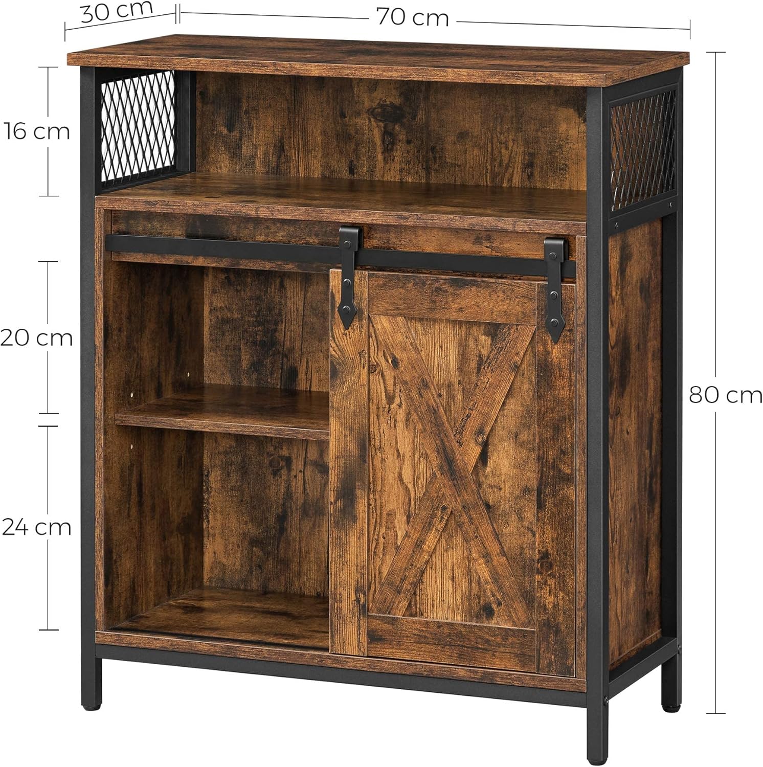 VASAGLE Aufbewahrungsmöbel, Sideboard, mit Schiebetür, offenes Fach, verstellbares Regal, industrieller Stil, für Eingang, Wohnzimmer, Küche, Büro, rustikales Braun und Schwarz LSC089B01