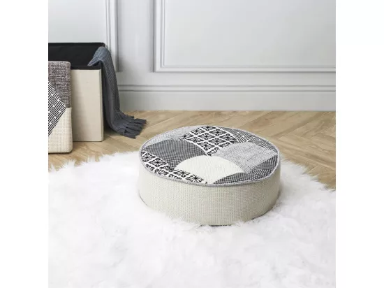GIADA - Pouf Rond Patchwork Motifs Grisés