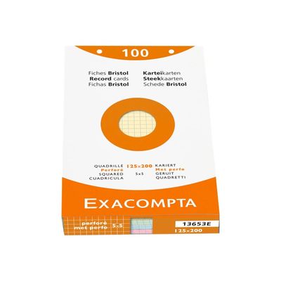 Exacompta - Pack de 100 Fiches Bristol - 12,5 x 20 cm - petits carreaux - perforées - couleurs assorties
